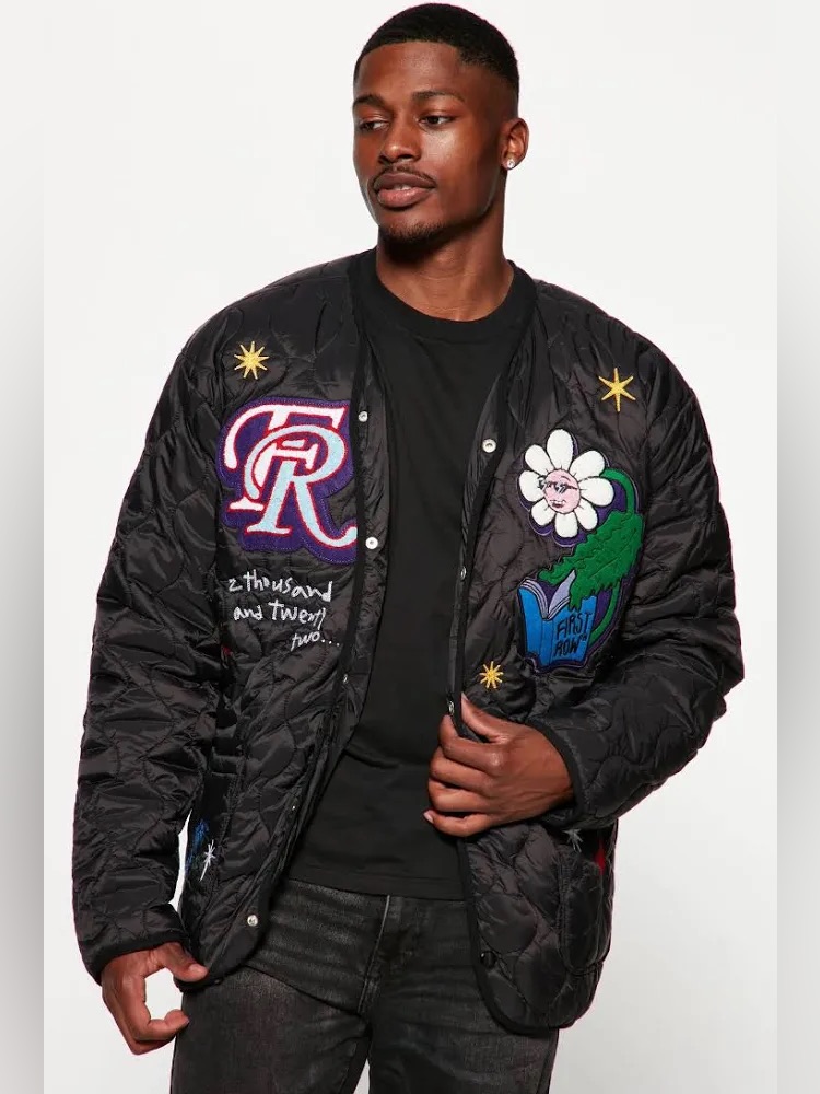 First Row Quilted Padding Bomber Jacket With Patchwork